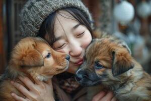 ai generado afecto, calor, y no hablado comprensión. un alegre coreano mujer Comparte un Beso con su dos de pura raza cachorros foto