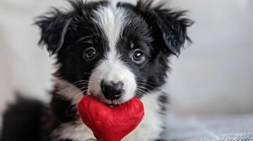 ai generado San Valentín día tema. adorable frontera collie perrito participación un rojo corazón en sus boca foto