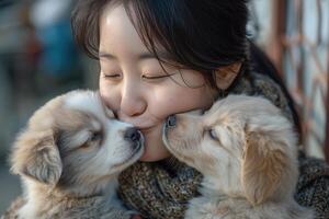 ai generado afecto, calor, y no hablado comprensión. un alegre coreano mujer Comparte un Beso con su dos de pura raza cachorros foto