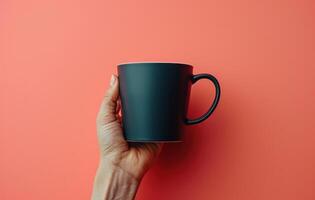 AI generated black coffee cup held up against the pink wall photo