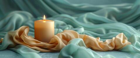 AI generated beige fabric and gold candle on a soft blue photo