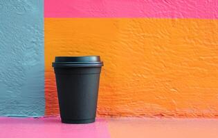 ai generado negro café taza retenida arriba en contra el rosado pared foto