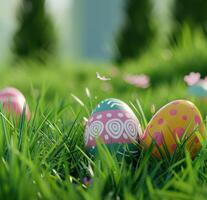 AI generated colorful easter eggs are in a green grass photo