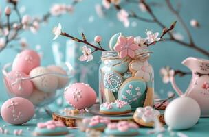 AI generated colorful easter cookies and egg in jar with branch on a blue background photo