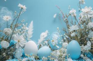 AI generated easter blue eggs, gifts, and flowers background photo