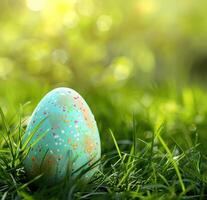 AI generated easter egg in the grass is decorated with colorful eggs photo