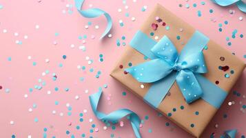 AI generated Concept of Father's Day Celebration A vintage gift box with a blue ribbon bow photo