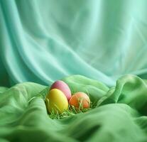 ai generado Pascua de Resurrección huevo en el césped es decorado con vistoso huevos foto