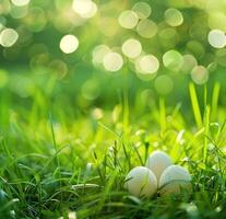 AI generated easter eggs in grass on sunshine background and abstract bokeh photo