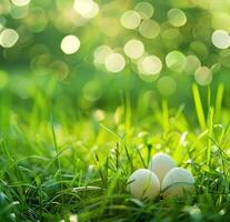 ai generado Pascua de Resurrección huevos en césped en Brillo Solar antecedentes y resumen bokeh foto