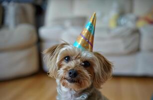 ai generado perro vistiendo un fiesta sombrero foto