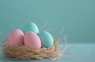 AI generated easter eggs in a nest on a table photo