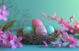 AI generated easter eggs in a nest on a table photo