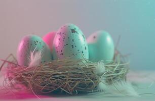 AI generated easter eggs in a nest on a table photo