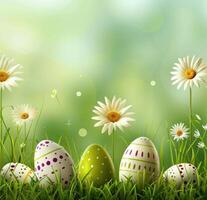 AI generated easter flowers and eggs are in the grass photo