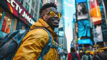AI generated Smiling Hipster Traveler Exploring City Streets photo
