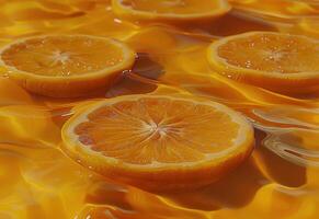 ai generado flotante naranja rebanadas en naranja agua foto