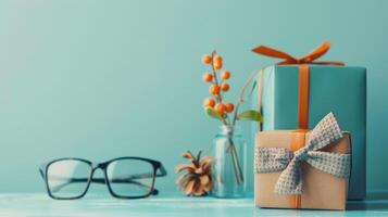 AI generated Happy Father's Day setting. A flat lay arrangement featuring a gift box, necktie, and glasses on a pastel blue table photo