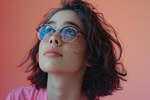 AI generated People, Impressions, and Contemplation. A pensive, intelligent female student looks upward, wearing glasses, against a pink background photo