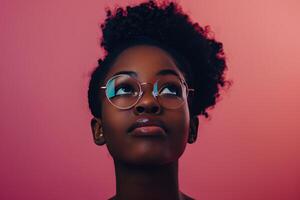 AI generated People, Impressions, and Contemplation. A pensive, intelligent female student looks upward, wearing glasses, against a pink background photo