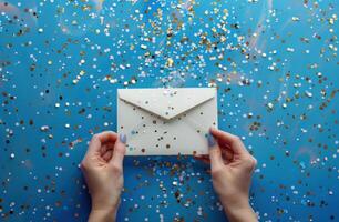 AI generated one hand is holding open envelope with papers inside in front of confetti photo