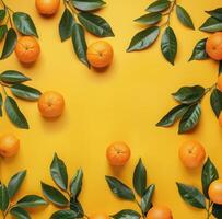 AI generated oranges, orange leaves, leaves of thorns on yellow background photo