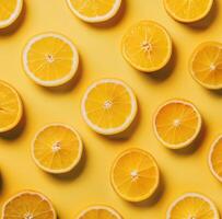 AI generated orange slices on yellow background photo