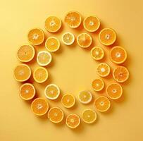 AI generated orange slices are arranged in the shape of a circle on a yellow background photo