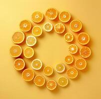 AI generated orange slices are arranged in the shape of a circle on a yellow background photo