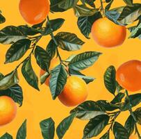 AI generated oranges, orange leaves, leaves of thorns on yellow background photo