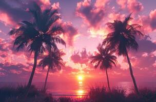 AI generated palm trees and sunset background photo