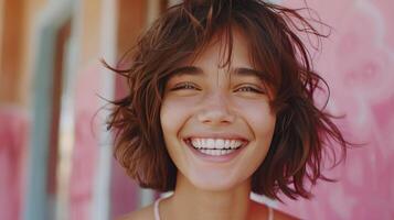 AI generated a joyful and charming teenage girl with a hairstyle, beaming widely, white teeth while photo