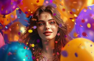 AI generated A girl in a of vibrant balloons and confetti, set against a backdrop of rich, dark orange and gold hues photo