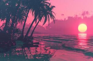 AI generated sunset beach with palm trees and pink color sunset photo