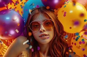 AI generated A girl in a of vibrant balloons and confetti, set against a backdrop of rich, dark orange and gold hues photo