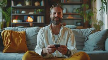 AI generated Man Enjoying Leisure Time with Smartphone at Home photo