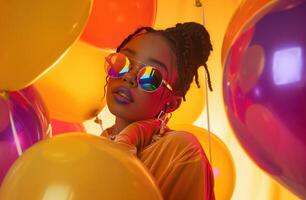 AI generated A girl in a cascade of vibrant balloons and confetti, set against a backdrop of rich, dark orange and gold hues photo