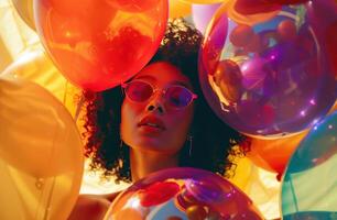 AI generated A girl in a cascade of vibrant balloons and confetti, set against a backdrop of rich, dark orange and gold hues photo