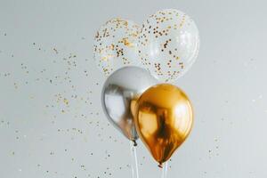 ai generado dos blanco y oro globos y papel picado en blanco antecedentes foto