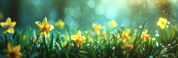 AI generated yellow daffodils and grass with sun photo