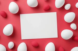 AI generated white paper, red and white eggs, and white cards photo