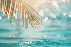 AI generated white sea and beach background with palm leaf photo