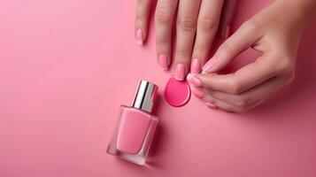 AI generated A woman is seen applying nail polish at home, showcasing her elegant manicured hands alongside a nail polish bottle photo