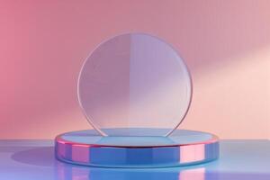 AI generated podium platform in blue and pink gradient, featuring an empty display with a circular glass backdrop photo