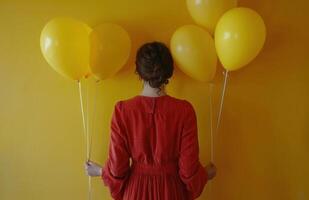AI generated Woman with Yellow Balloons Against Yellow Wall photo