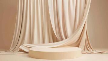 AI generated A simplistic beige backdrop featuring a podium and a flowing satin curtain photo