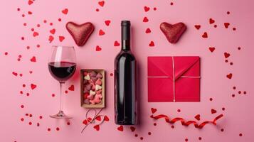 AI generated Valentine's Day setting featuring a wine bottle, gift box, glasses, heart-shaped candies, red paper envelope photo