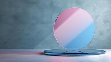 AI generated podium platform in blue and pink gradient, featuring an empty display with a circular glass backdrop photo