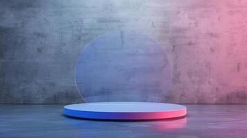 AI generated podium platform in blue and pink gradient, featuring an empty display with a circular glass backdrop photo