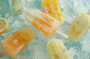 ai generado un grupo de afeitado hielo con limón, piña, naranja y plátano Paletas de hielo foto